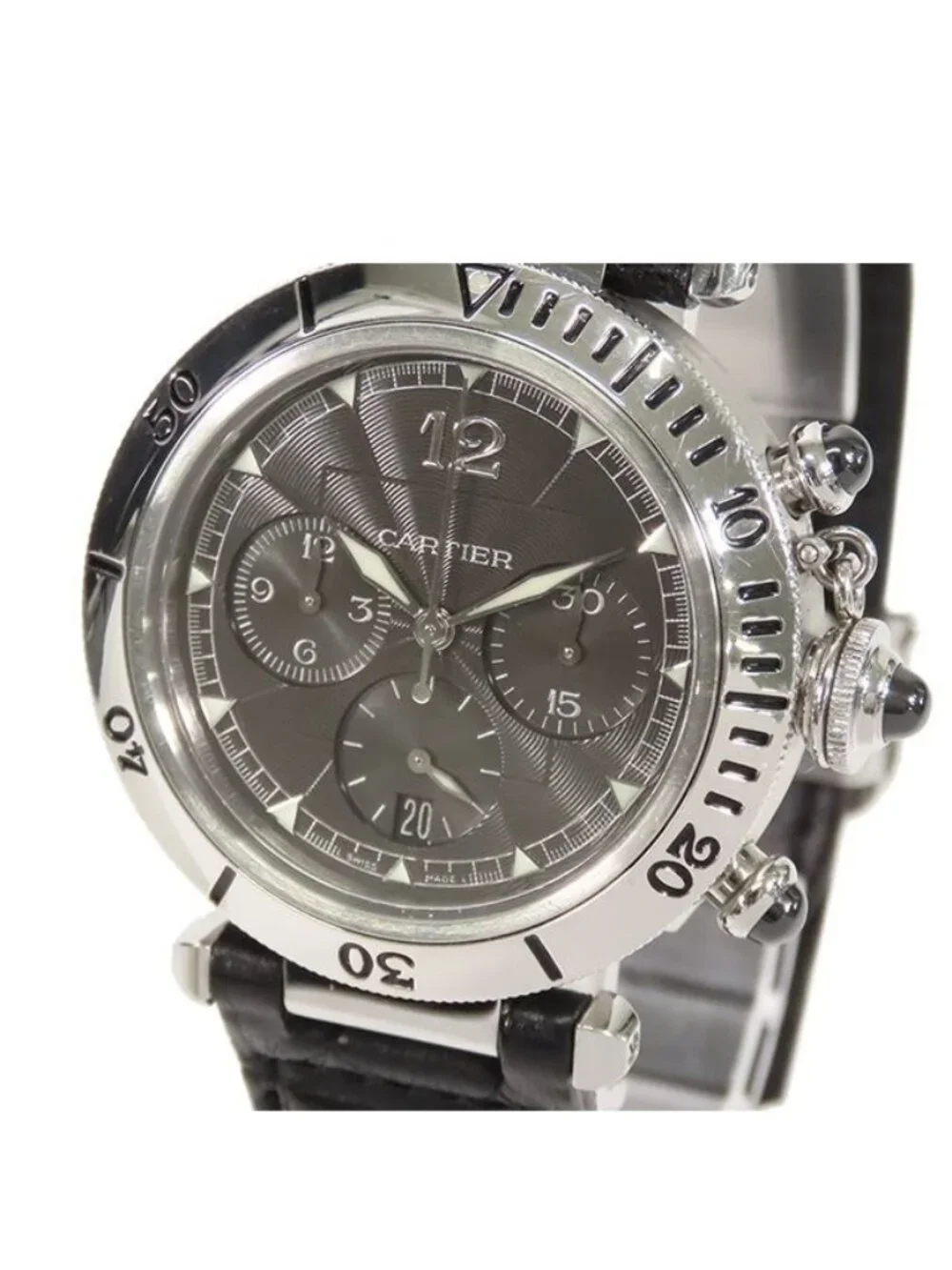 Cartier Pasha 38 Gray SS Leather Chronograph Watch Automatic